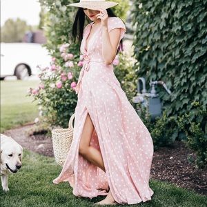 Pink Tularose Wrap Polkadot Maxi Dress